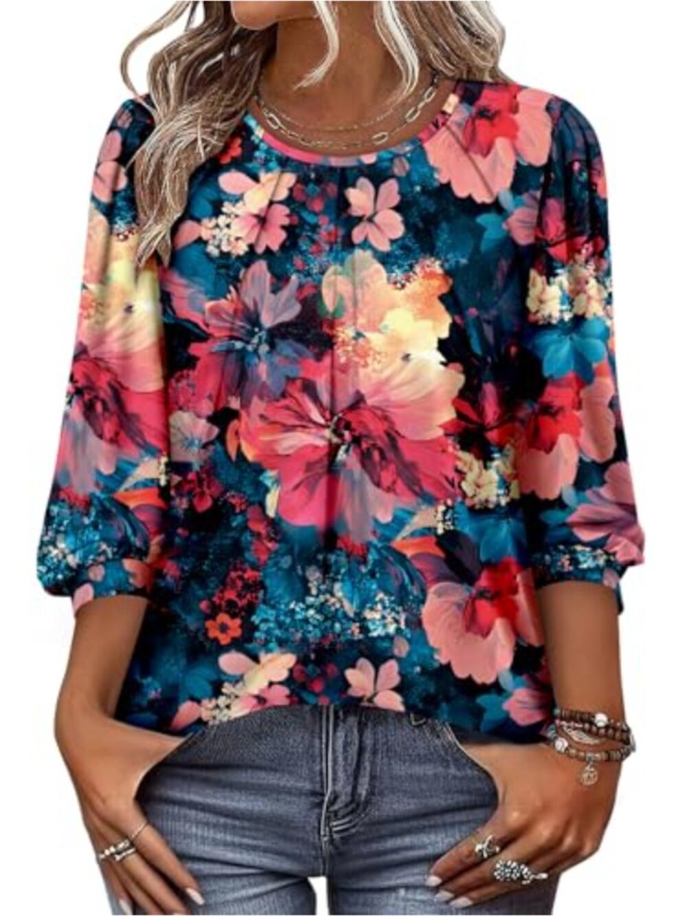 Womens 3/4 Puff Sleeve Pleated Crewneck Tunic Blouse Loose Fit Casual Top